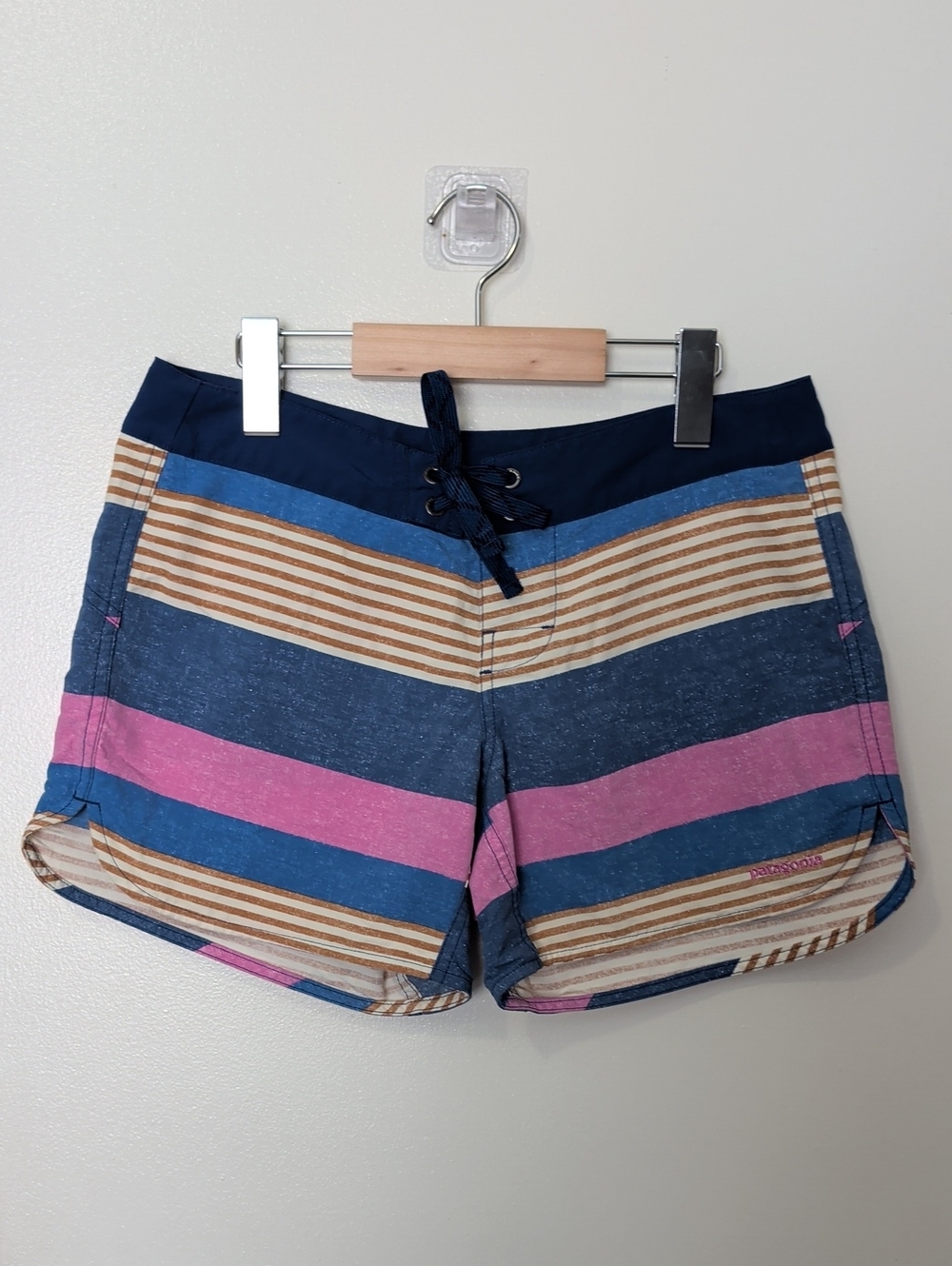 Patagonia Striped Swim Athletic Shorts - Navy, Blue, Pink & Tan Size 4